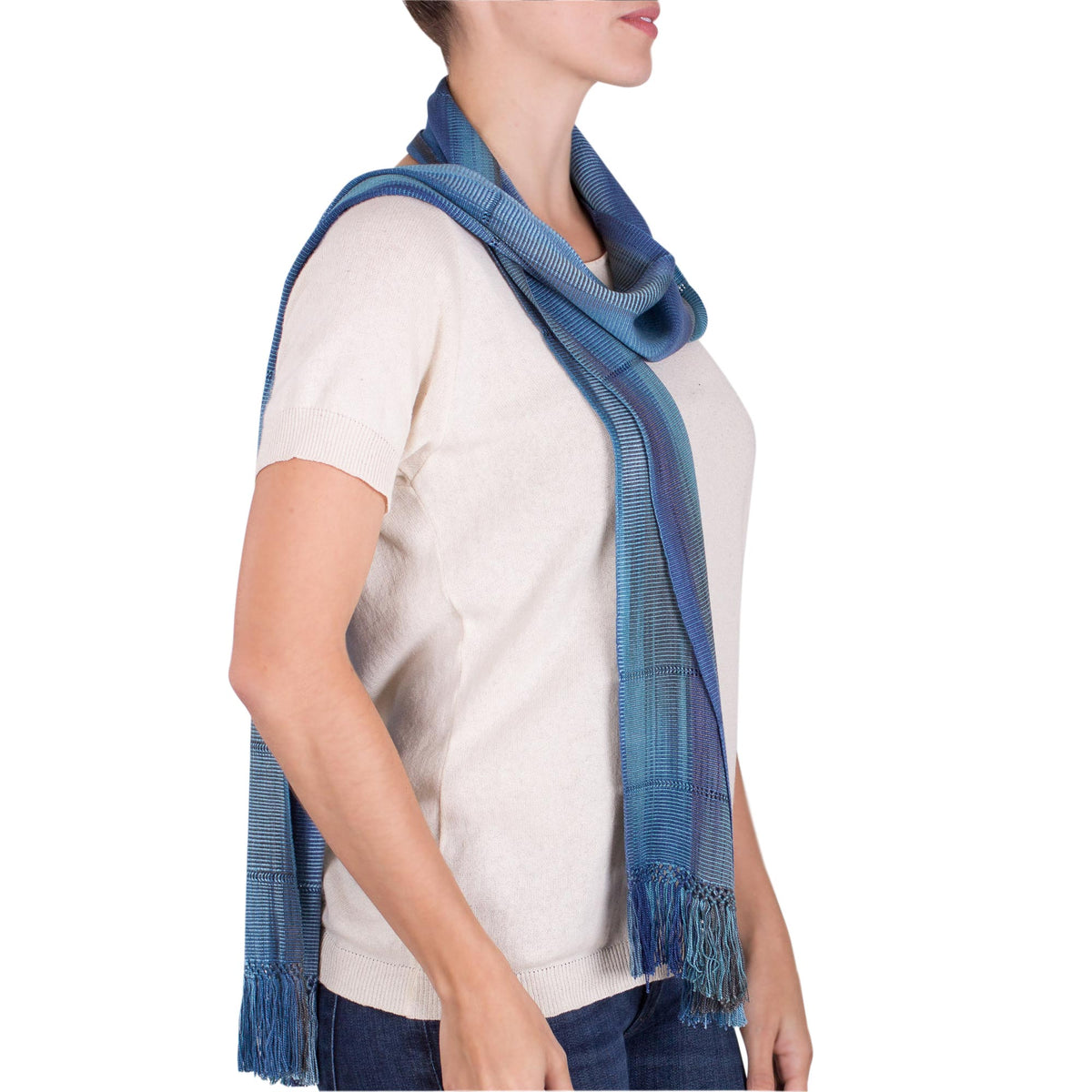 Handwoven Rayon Wrap Scarf - Smooth Breeze in Blue