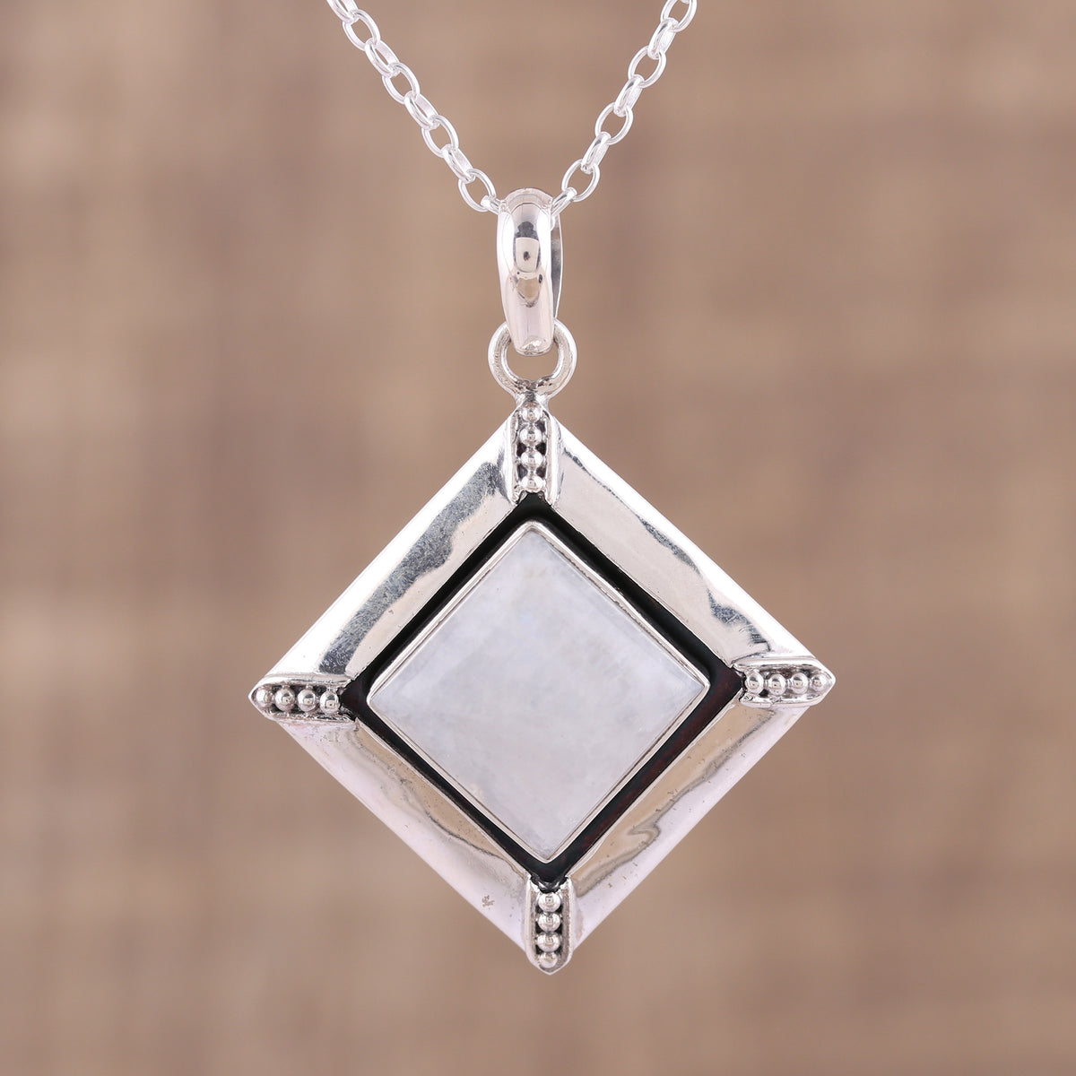 Rainbow Moonstone and Sterling Silver Pendant Necklace