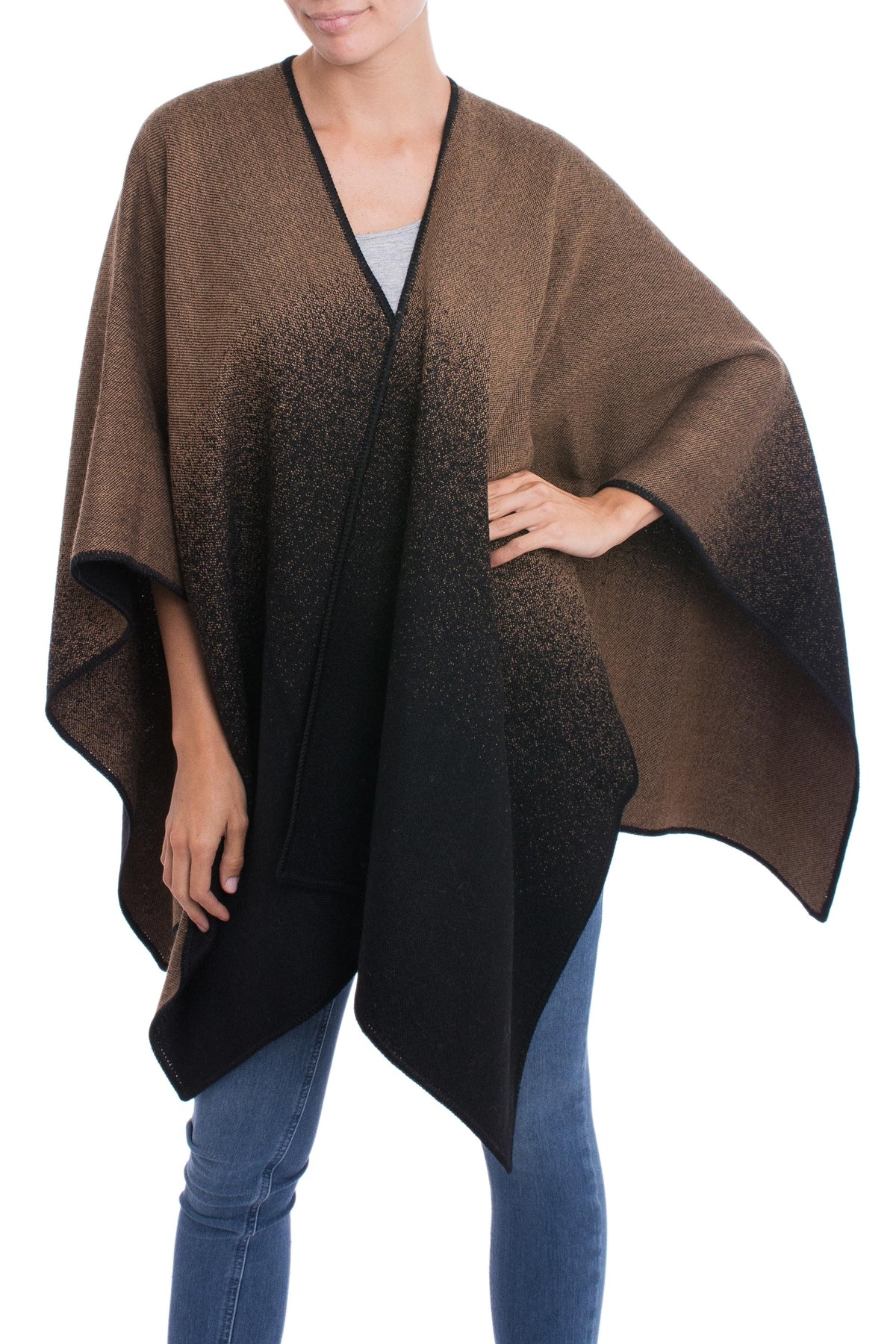 Andean Vistas In Chestnut Brown Reversible Alpaca Blend Ruana