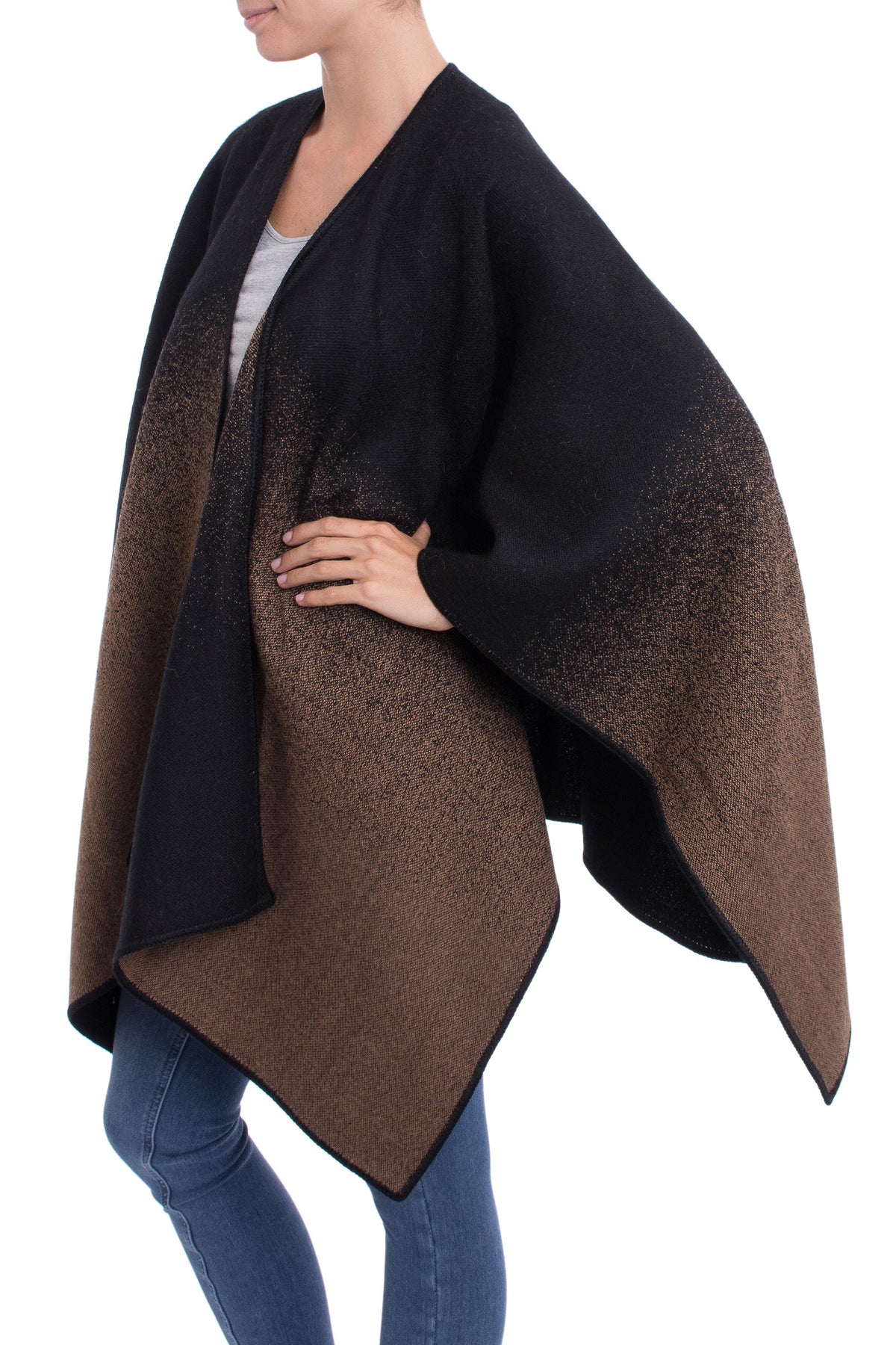 Andean Vistas In Chestnut Brown Reversible Alpaca Blend Ruana