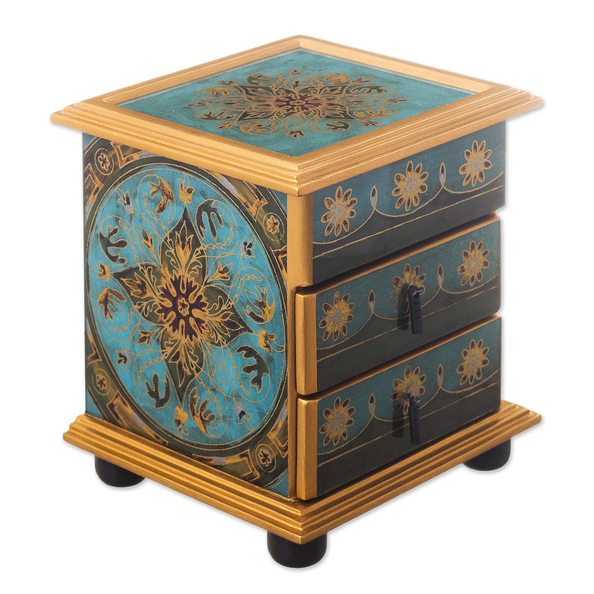 Vintage Floral In Turquoise Small Reverse-Painted Glass Jewelry Chest