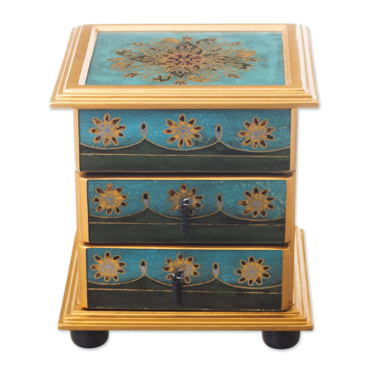 Vintage Floral In Turquoise Small Reverse-Painted Glass Jewelry Chest