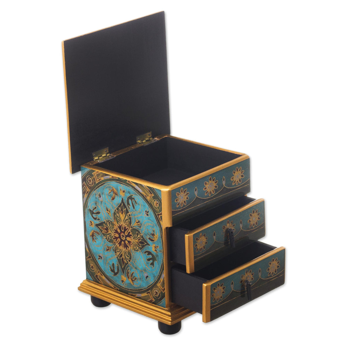 Vintage Floral In Turquoise Small Reverse-Painted Glass Jewelry Chest