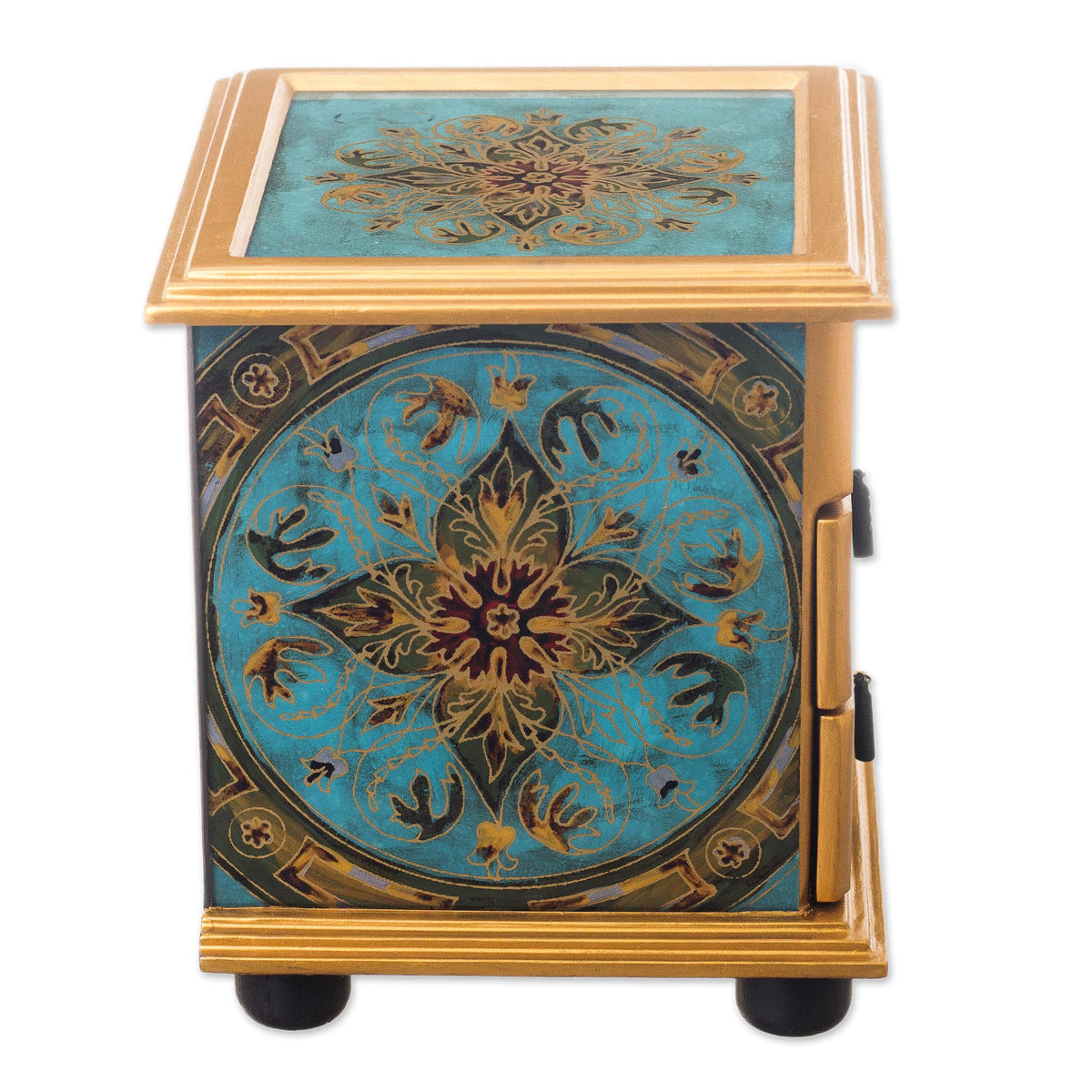 Vintage Floral In Turquoise Small Reverse-Painted Glass Jewelry Chest