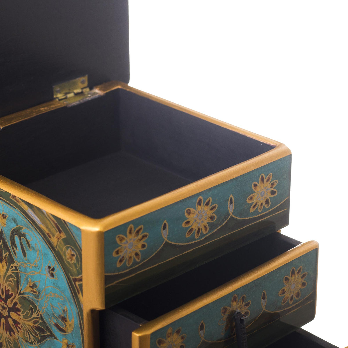 Vintage Floral In Turquoise Small Reverse-Painted Glass Jewelry Chest