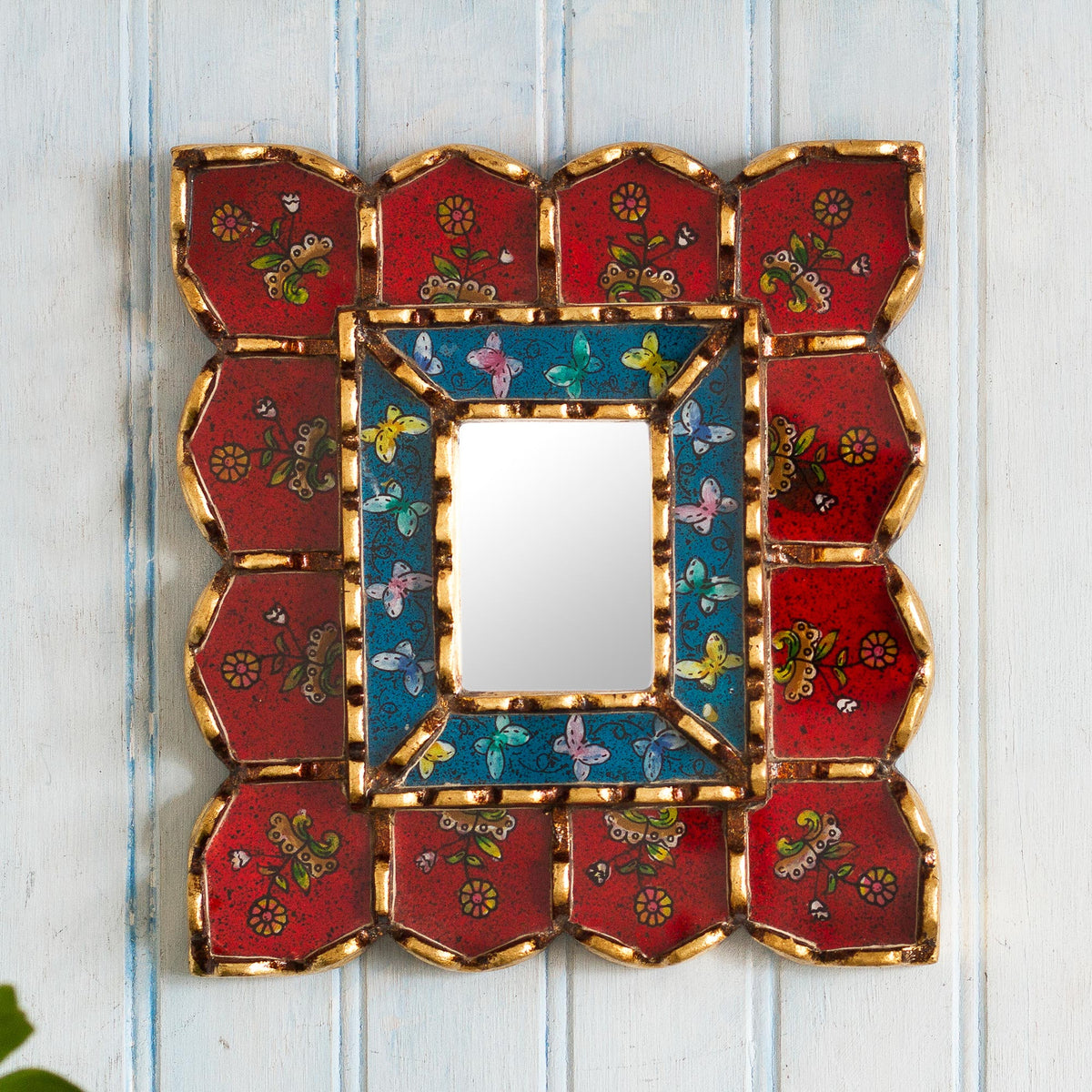 Cusco Treasure In Crimson Reverse-Painted Glass Wall Accent Mirror