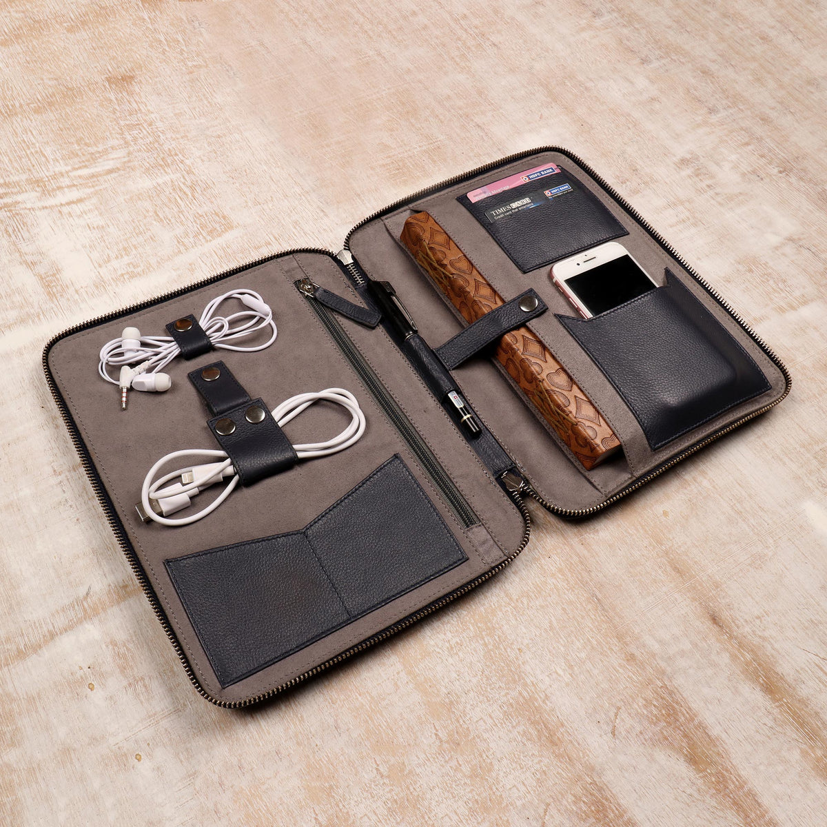 Open Handcrafted Navy Blue Leather Traveling Office Case