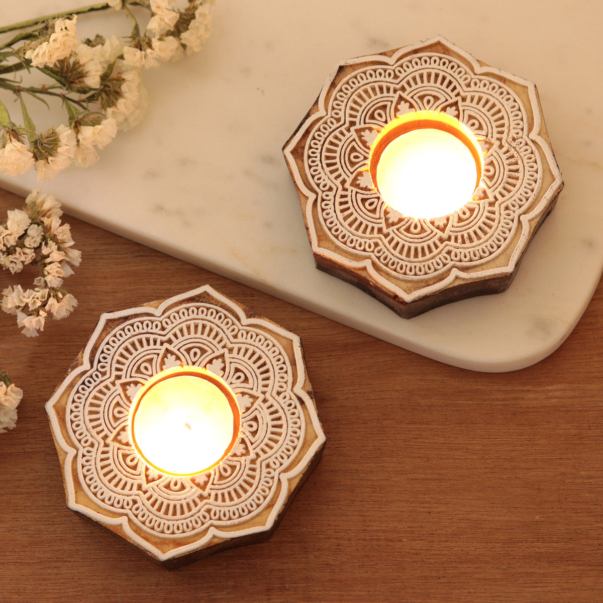 Tealight Candle Holders with Floral Motif (Pair) - Lotus Mandala