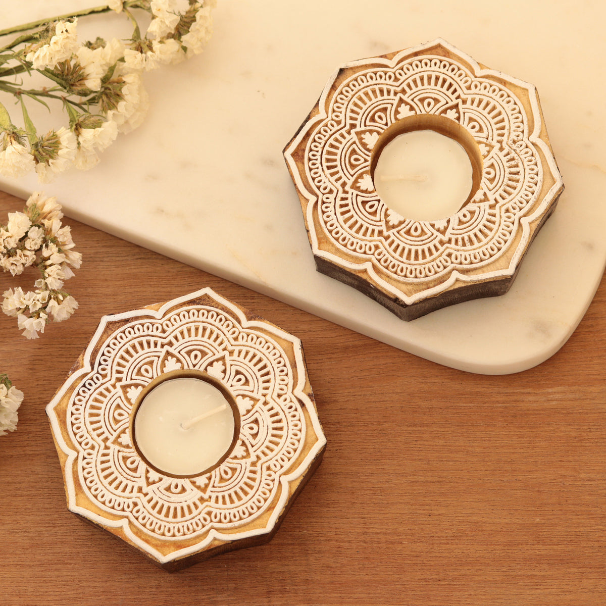 Tealight Candle Holders with Floral Motif (Pair) - Lotus Mandala