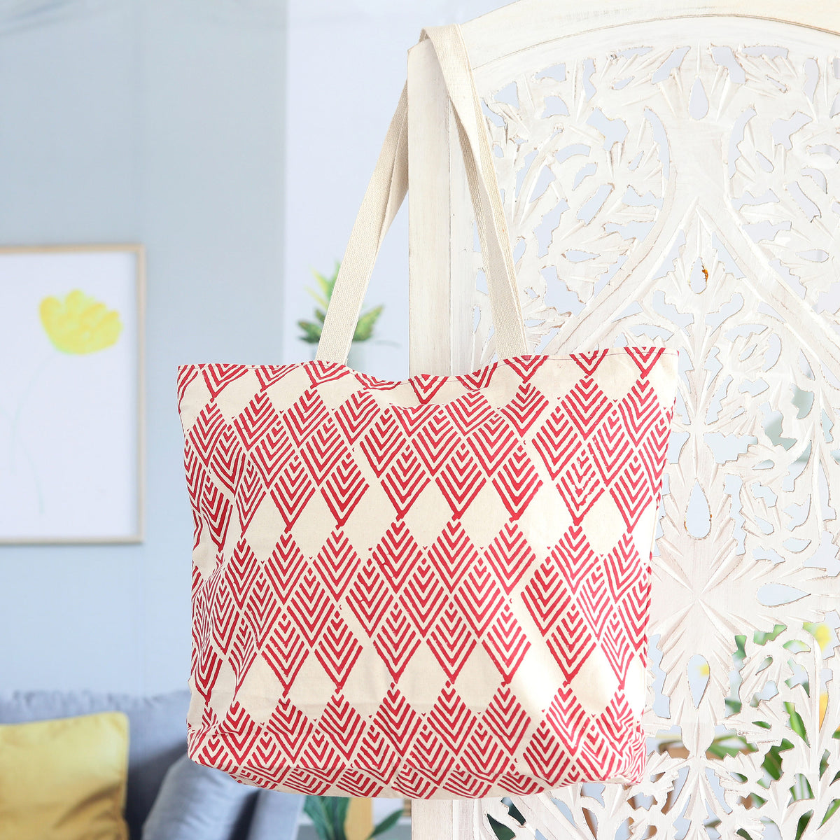 Cotton Tote Bag with Crimson Block-Printed Diamonds