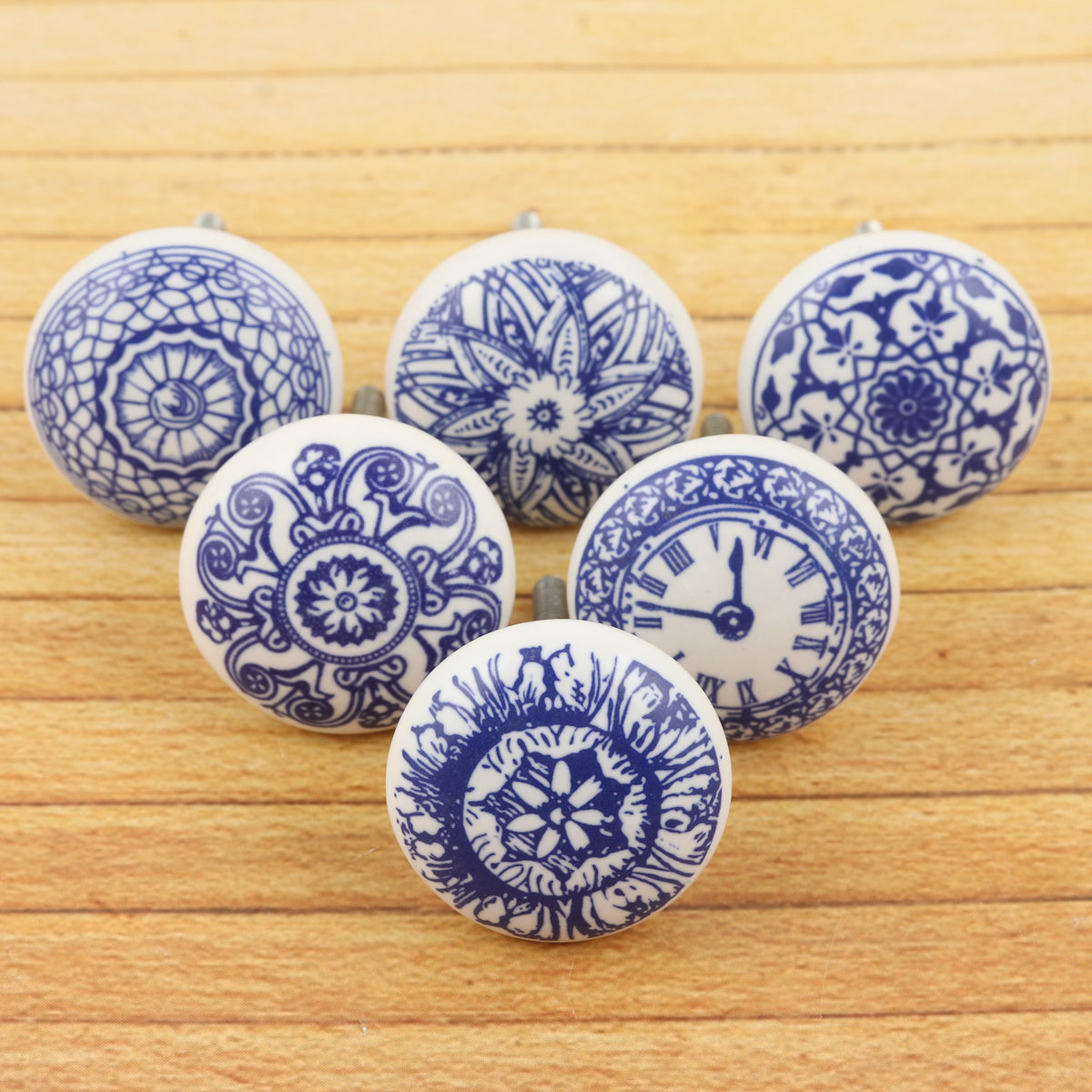 Set of 6  Blue Ceramic Knobs with Unique Patterns - Blue Imagination