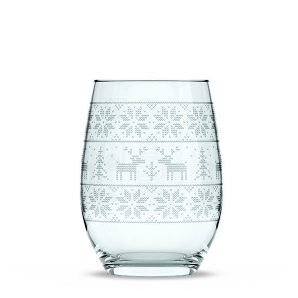 Reindeer Sweater Stemless Wine Glass - Set of 2